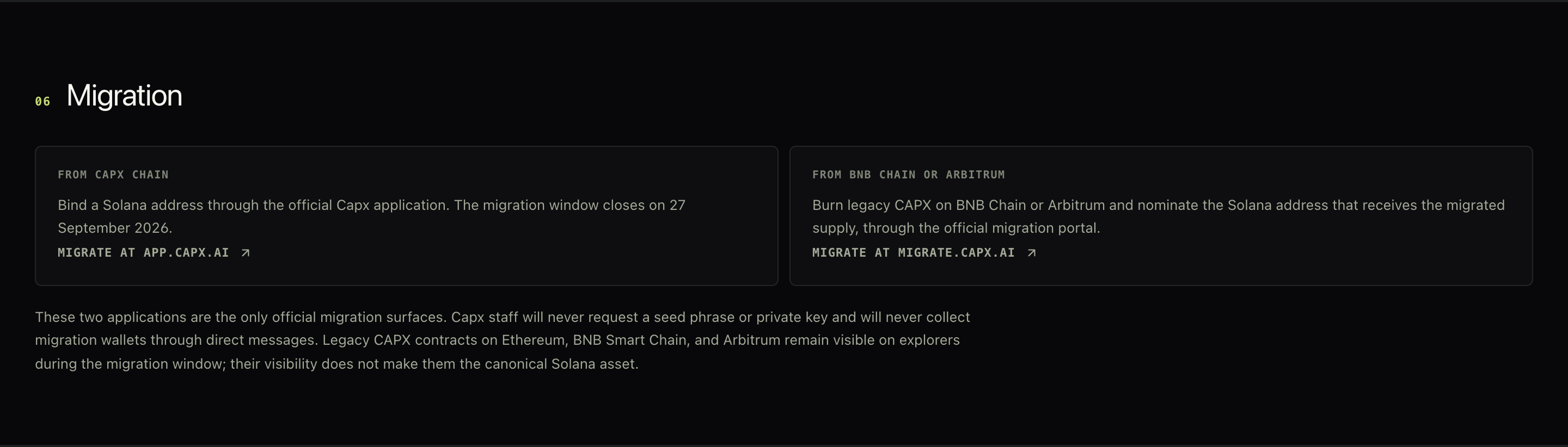 The migration section of the token page with both official paths